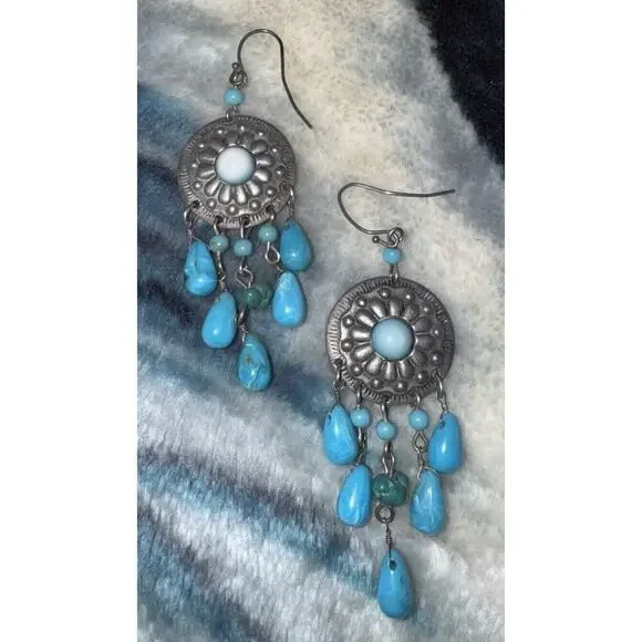 -EARRINGS VTG Avon Dangle Turquoise On Silver Southwest Style 3”L - Picture 7 of 8